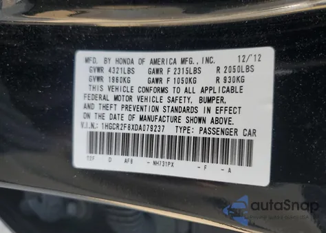 2013 Honda Accord Exl z USA, uszkodzony, nr VIN 1HGCR2F8XDA079237